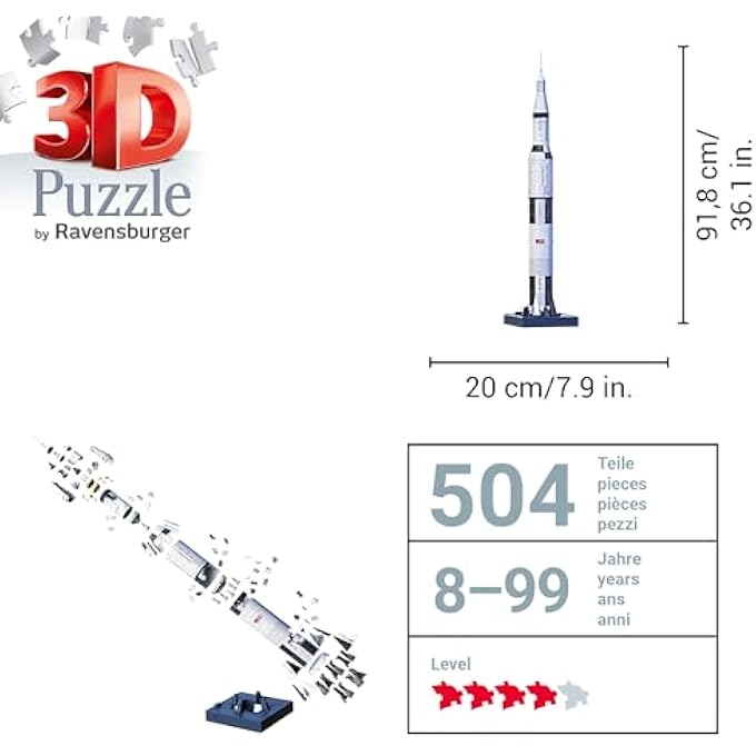 APOLLO‑SATURN V‑ROCKET PREMIUM 3D PUZZLE 440 PIECES | 1:120 SCALE MODEL WITH REMOVABLE STAGES, LUNAR MODULE & ASTRONAUT FIGURES  NO GLUE NEEDED, DISPLAY BASE INCLUDED | 11545-7 - Image 4